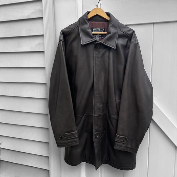 Eddie Bauer Full Length Heavy Genuine Leather Jacket Men M Brown Lined Car Coat - Picture 2 of 10